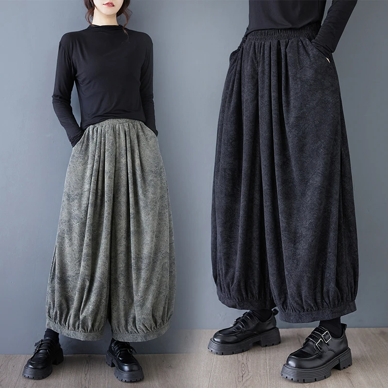 Retro Tie Dye Distred Straight Leg Casual Pants plus Size Women's Early Autumn Faion High Waist Drapey Nine Point Wide L...