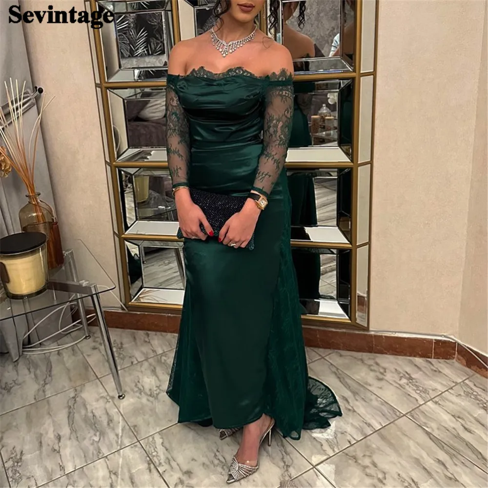 

Sevintage Elegant Green Mermaid Satin Prom Dress Off The Shoulder Lace Long Sleeves Floor Length Evening Dress vestido de gala