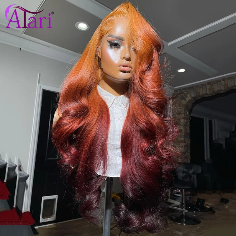 Peluca Frontal de encaje para mujer, cabello humano naranja oscuro, ombré, 13x4, transparente, 13x6, prearrancado, 5x5