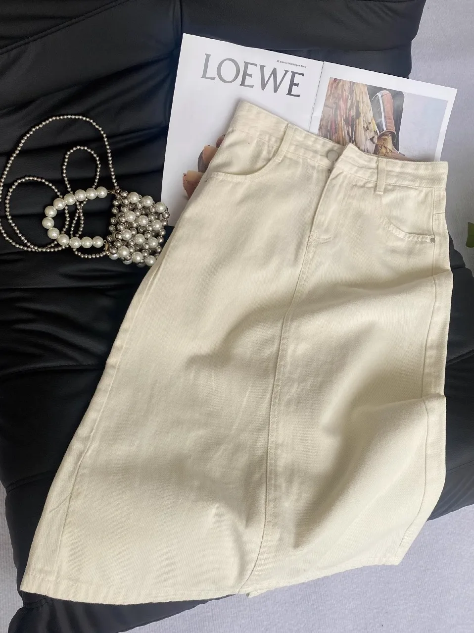 

Faion High Waist Slit Denim Skirt Women's New 2025 Beige Small Size Bodycon mid Length A-Line Skirt Korean Sle