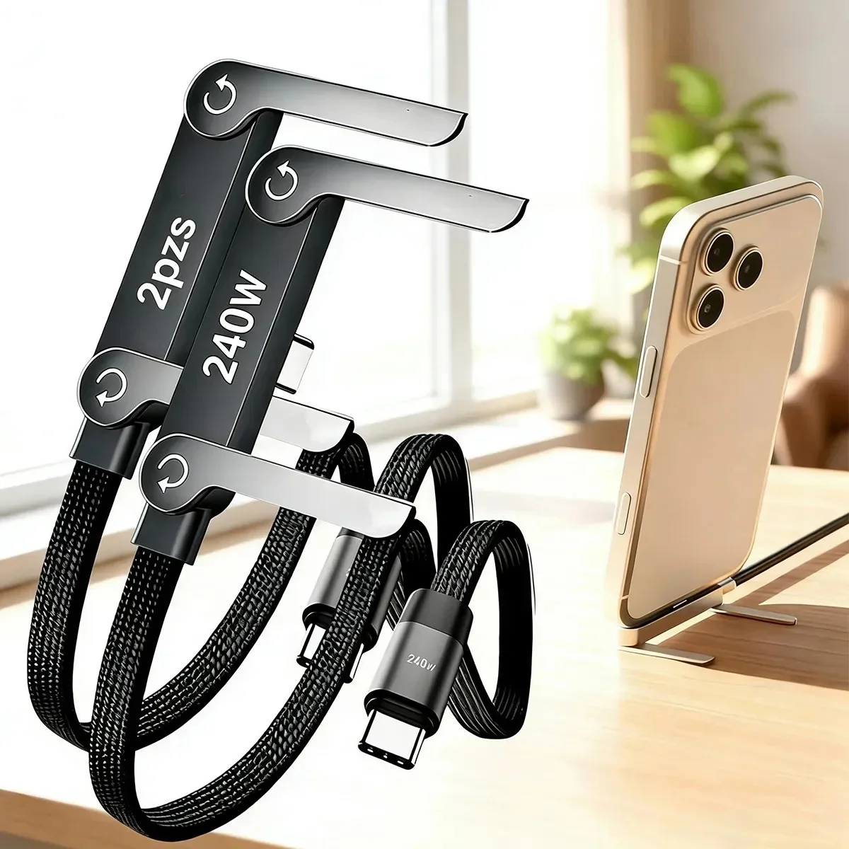 240W Fast Charging Type-C to Type-C Cable with Elbow Foldable Stand Phone Holder for iPhone 17/16/15 Samsung Charger Data Cable