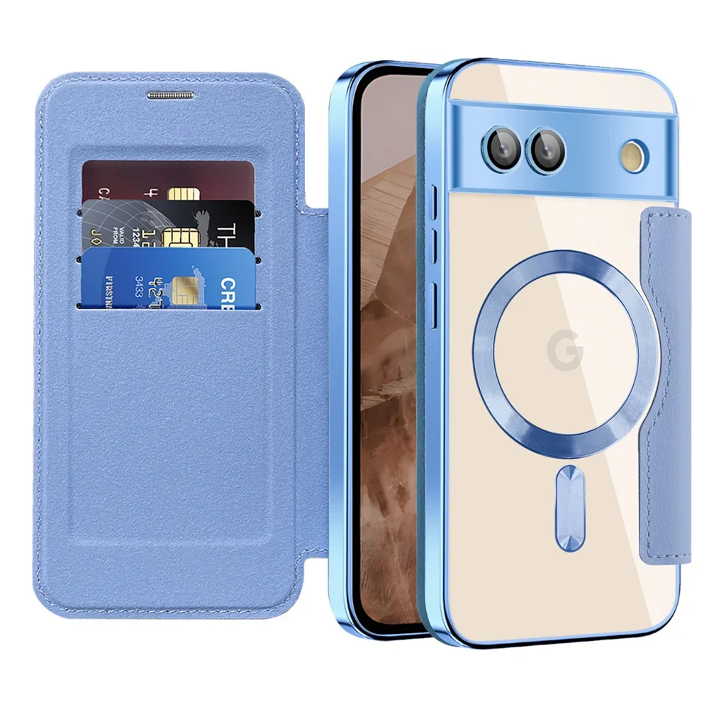 Luxury Leather Wallet Card Clip Magnetic Clear Phone Case for Google Pixel 9 Pro XL 8A 7A Plating Wireless Charging Flip Cover