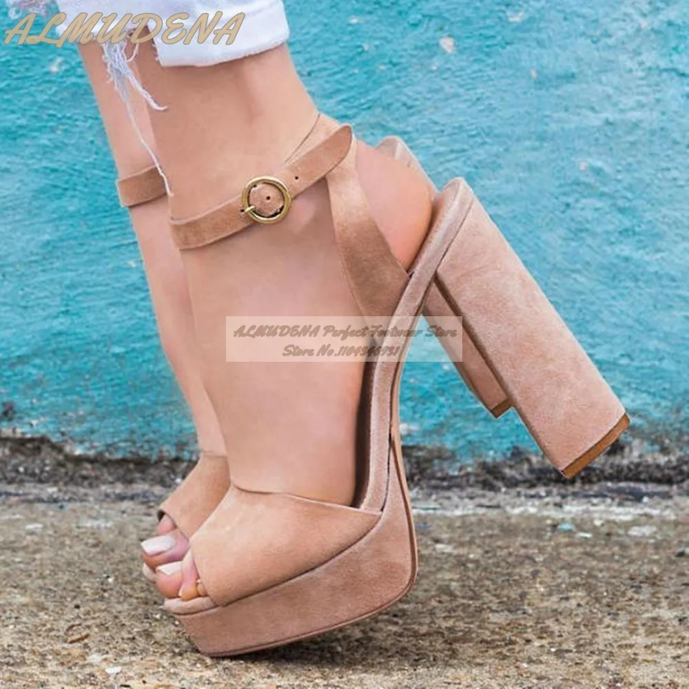 

ALMUDENA Nude Gold Chunky Heels Sandals Women Platform Open Toe Dress Shoes Ankle Buckle Strap Banquet Pumps Size47 Block Heels