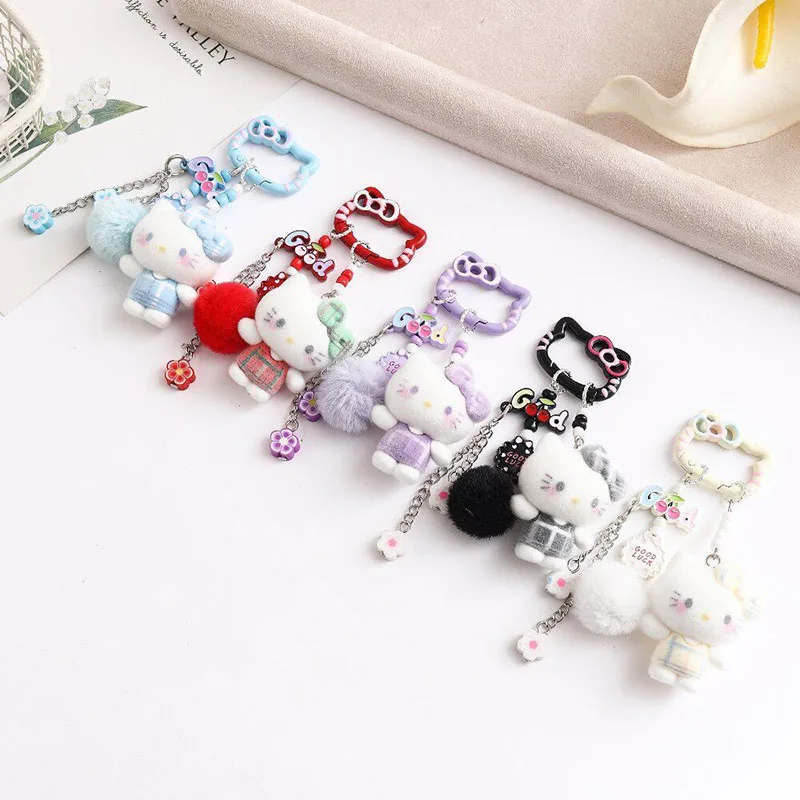 Official Sanrio Hello Kitty Plush Keychain Cute Cartoon Doll Bag Charm Pendant with Bow Pom Pom for Girls Fans Birthday Gift view 3