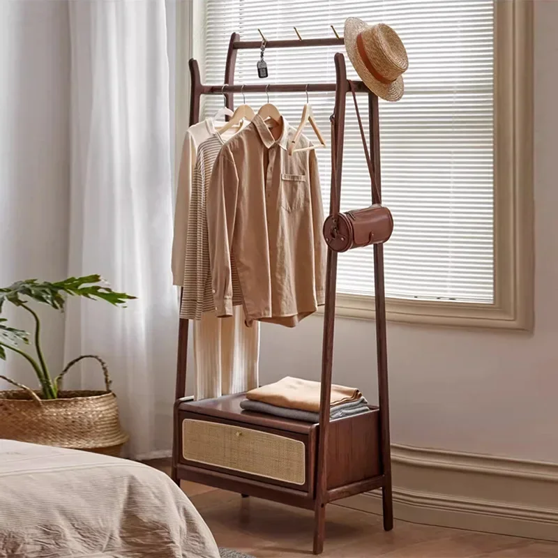 Coat rack Bedroom floor hanger Simple black field coat rack Rattan rack Nordic solid wood furniture