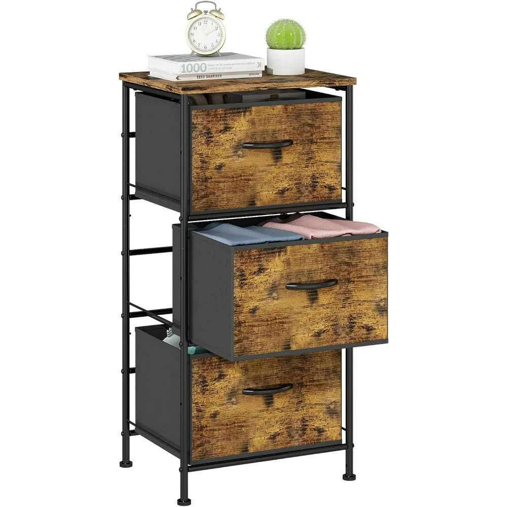 Dresser with 3 Drawers, Fabric Dresser for Bedroom, Storage Tower with Fabric Bins, Dresser Chest of Dresser with Steel Frame