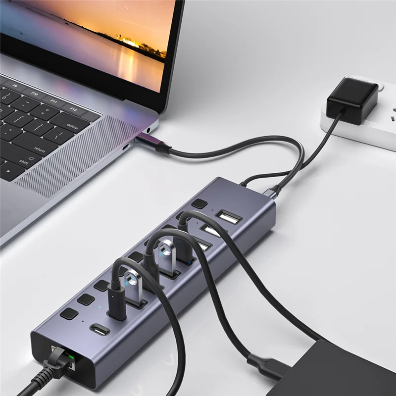 M20K USB Splitter Powered USB Hub Aluminum Port USB 3.0 Data Hub Splitter For Phone/Laptop US Plug