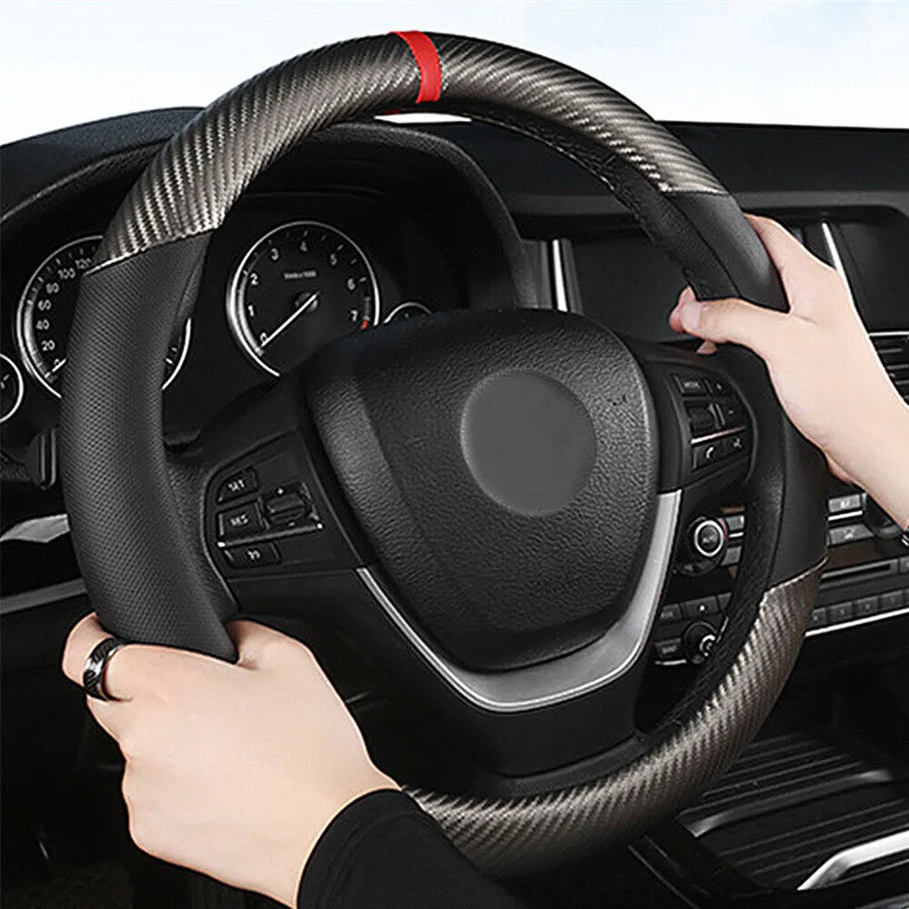 

15“ Carbon Fiber Black Leather Car Steering Wheel Cover Non-slip auto Car Accessories Steering Cover