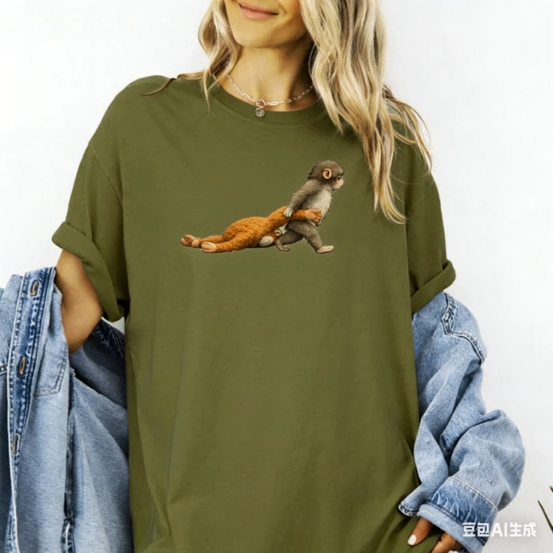 Punch Rend Meme Graphic Viral Baby Monkey Holding Plush Toy Animal Lover Gift Cute Cozy Short-sleev Shirt Fashion Streetwear
