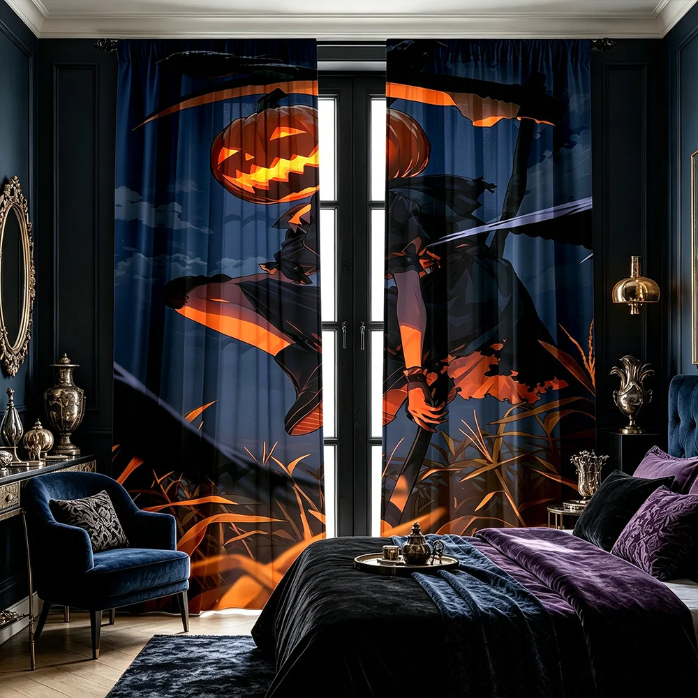 2PCS Halloween Themed Print Curtains Pumpkin Head Scythe Grim Reaper Crow Cornfield Dark Night Illustration Pattern Dark Anime S