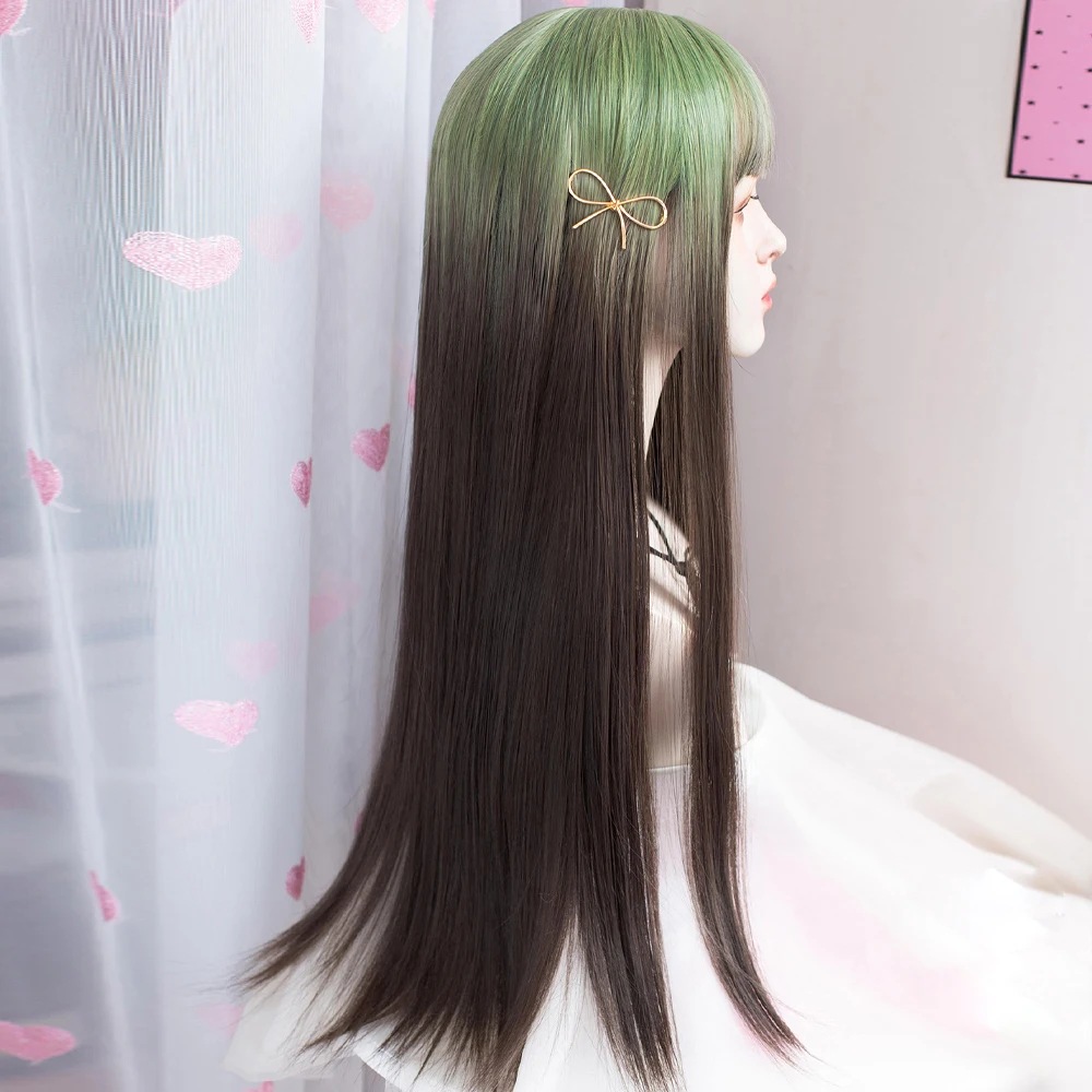 GAKA Synthetic Long Straight Wigs with Bangs Ombre Green Brown Gradient Women Natural Lolita Cosplay Hair Wig for Daily Party