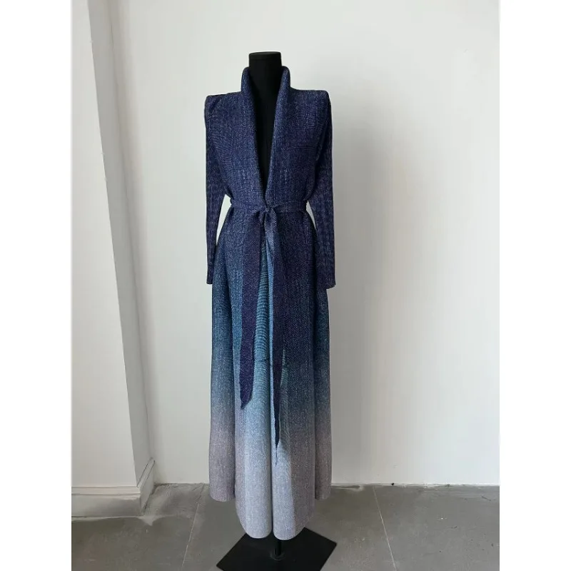 

Miyake Pleated 2024 New Women's Extended Windbreaker Coat Fashion Gradient Blue Dotted Belt Robe Long Coat