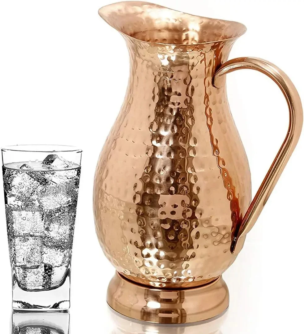 Pure Copper Pitcher with a Lid,Large Size Solid Copper Handcrafted Copper Water Hammered Jug,Capacity 70 Oz/Copper Carafe