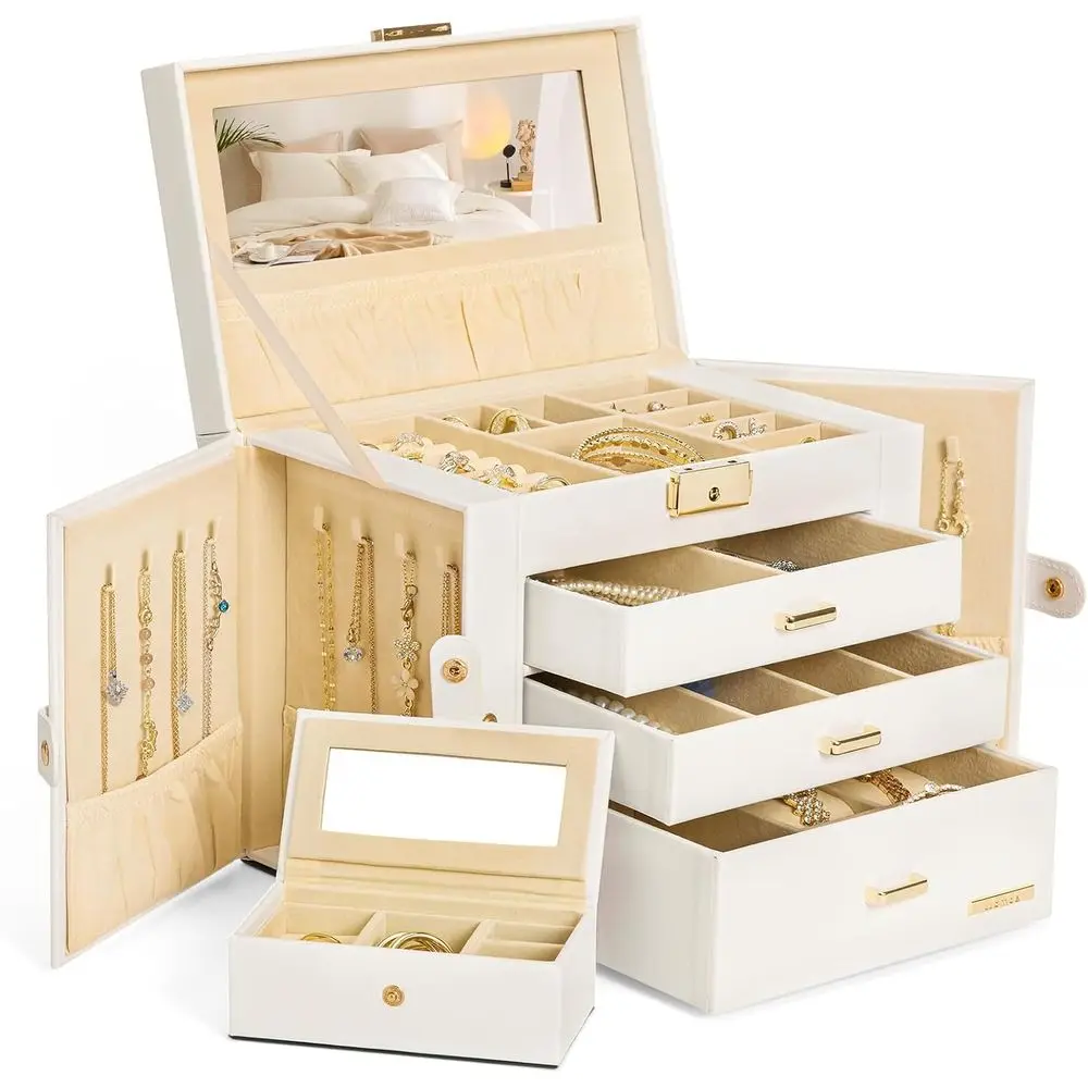 

2 in 1 Jewelry Box for Women Girls with Small Travel Case, Mirror, Necklace, Ring, Earrings Organizer - White & Gold