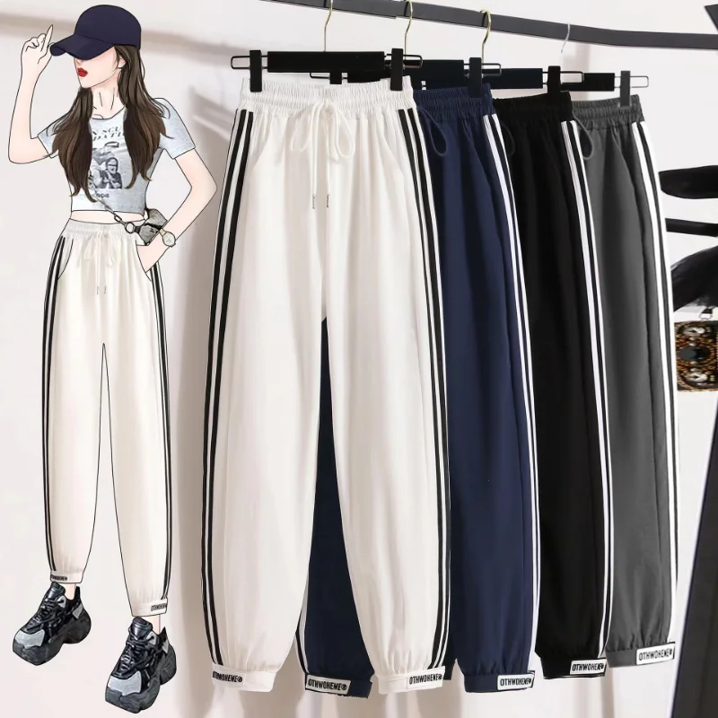 Female Side Stripes Sweatpants, Korean Version, High Waist, Hundred with Jogging, Casual Haren Pants, Summer Legging, New, 2024