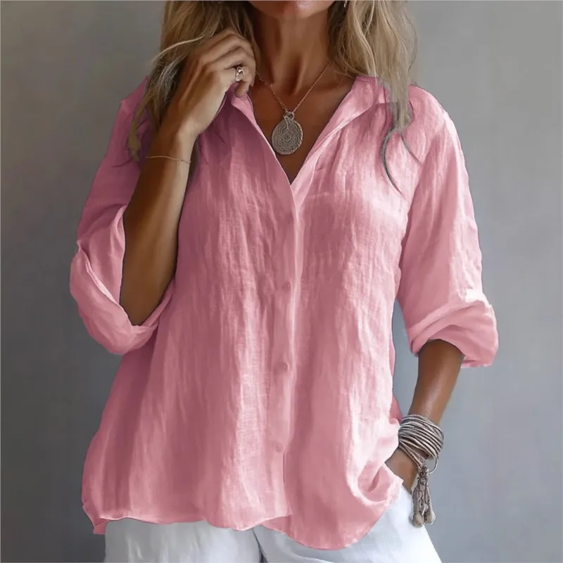 Effen Kleur Linnen Sexy V-hals Single Breasted Lange Mouwen Lente Herfst Dameskleding Nieuwe Casual Losse Shirt Blusas De Mujer