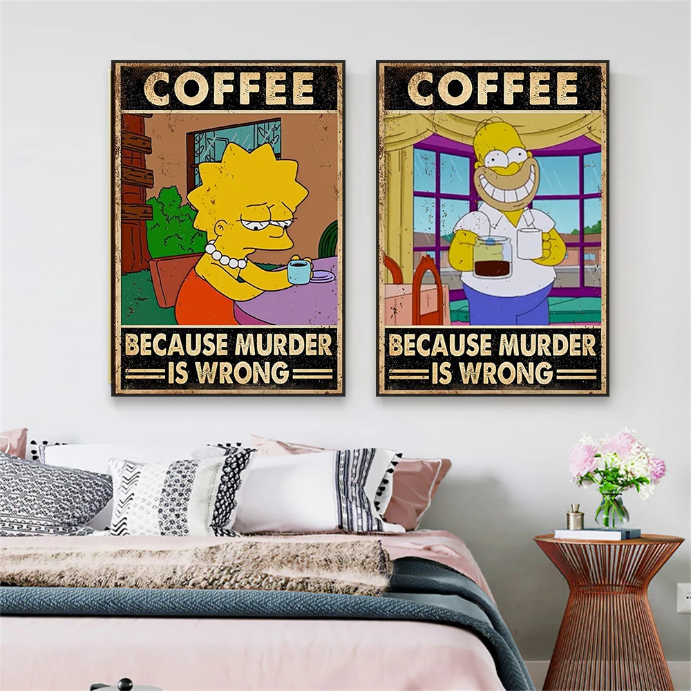 Retro Marge Simpson Coffee Paintings Poster Disney Graffiti Wall Art Pop Street Prints Modern Canvas Painting Office Bar Decor