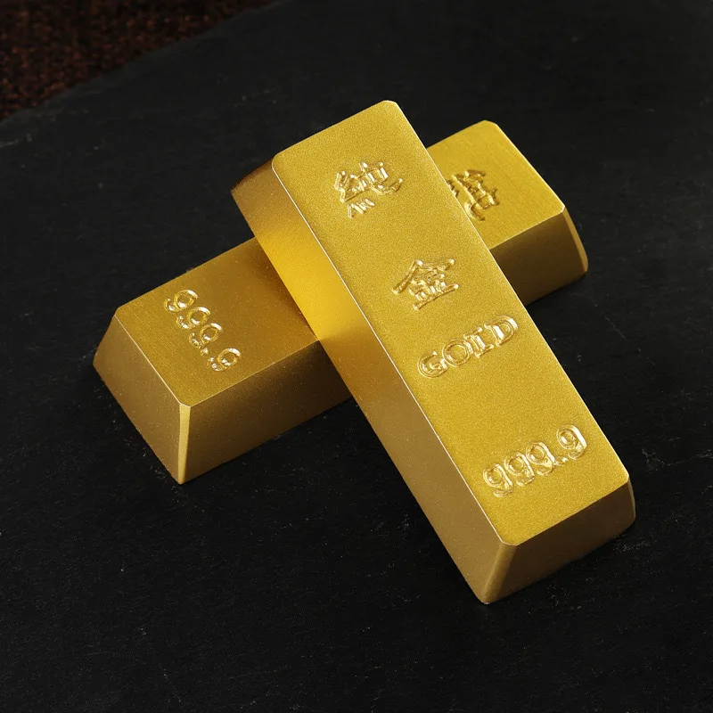 1pcs Brass Gold Bar Replica Decorative Feng Shui Wealth Ingot Ornament Mini Fake Gold Bullion Paperweight Home Decor Lucky Craft