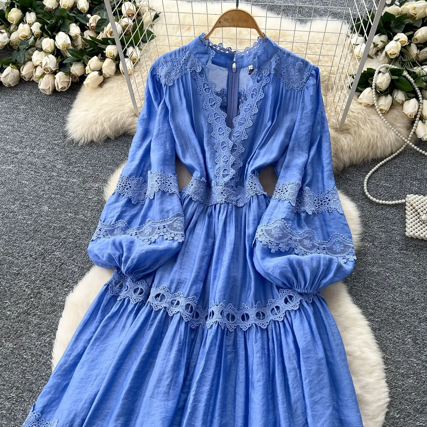Long Dress Women Dresses White V Neck Vestidos Puff Sleeve Elegant Splice Y2k Streetwear High Waist Work Party Night Hollow Out