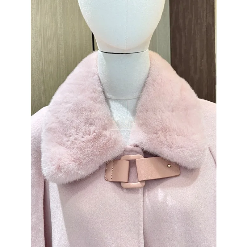 نمط معطف سترة قمم الكشمير الصوف الحرير 2025 أعلى جودة الوردي كم طويل التلبيب مزدوجة الوجهين الكشمير الرأس