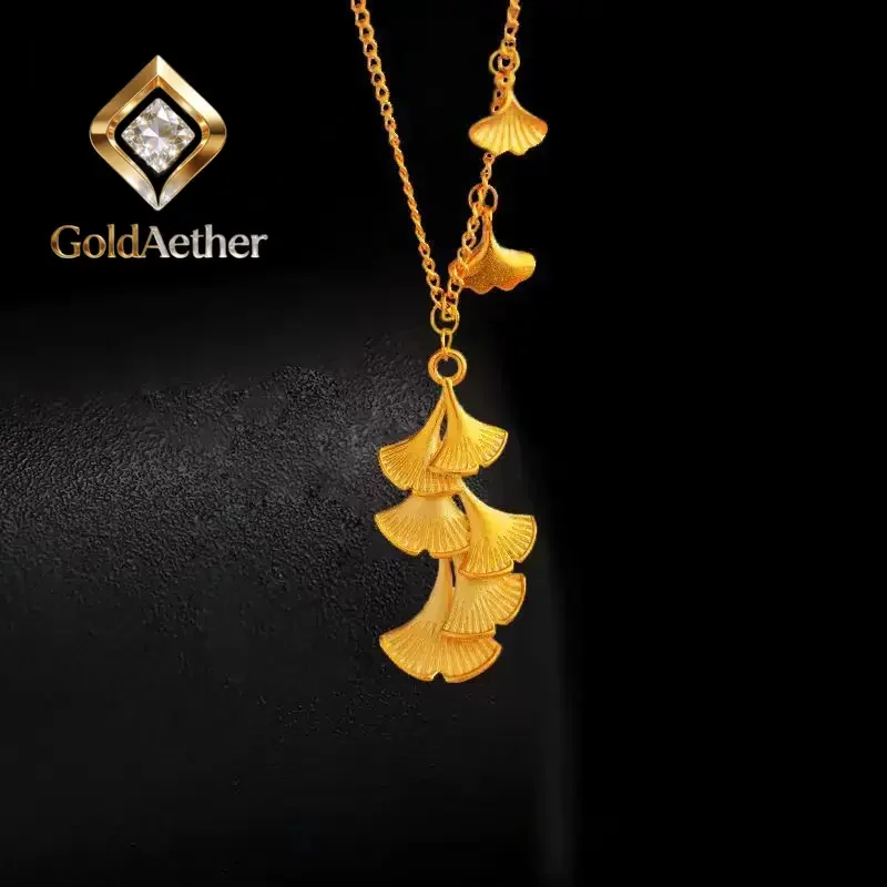 

Золотое колье GoldAether Luxury 24K 9999 из чистого золота с подвеской в виде листа гинкго, женское колье на ключицу.