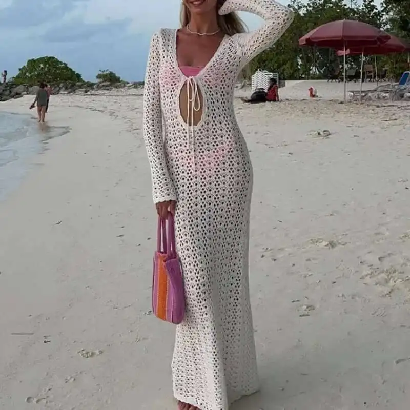 أزياء الخامس الرقبة الدانتيل سليم ماكسي فساتين الصيف طويلة الأكمام جوفاء محبوك فستان الشاطئ بلون واقية من الشمس التستر ملابس السباحة