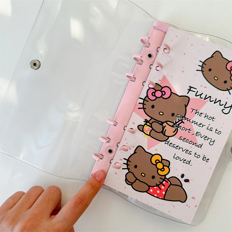 Sanrio Hello Kitty Notebook with Kt Pen Shell Student Cartoon 6 Holes Handbook Clip Anime Stationery Clip A6 Loose-leaf Folder