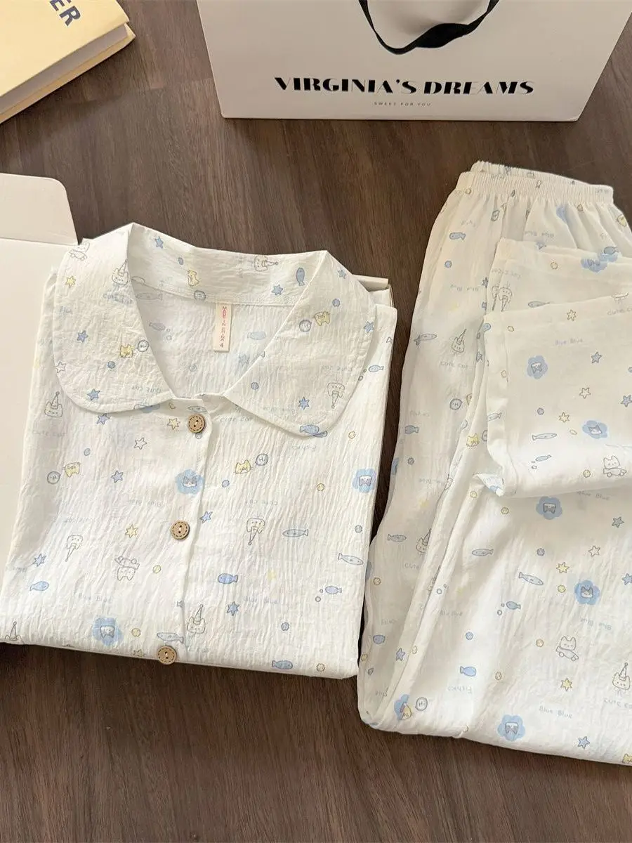 

Cute Print Sleepwear Women's Spring Autumn Thin Long Sleeve Open Cardigan Home Clothes Set Comfortable Cloud Cotton Material