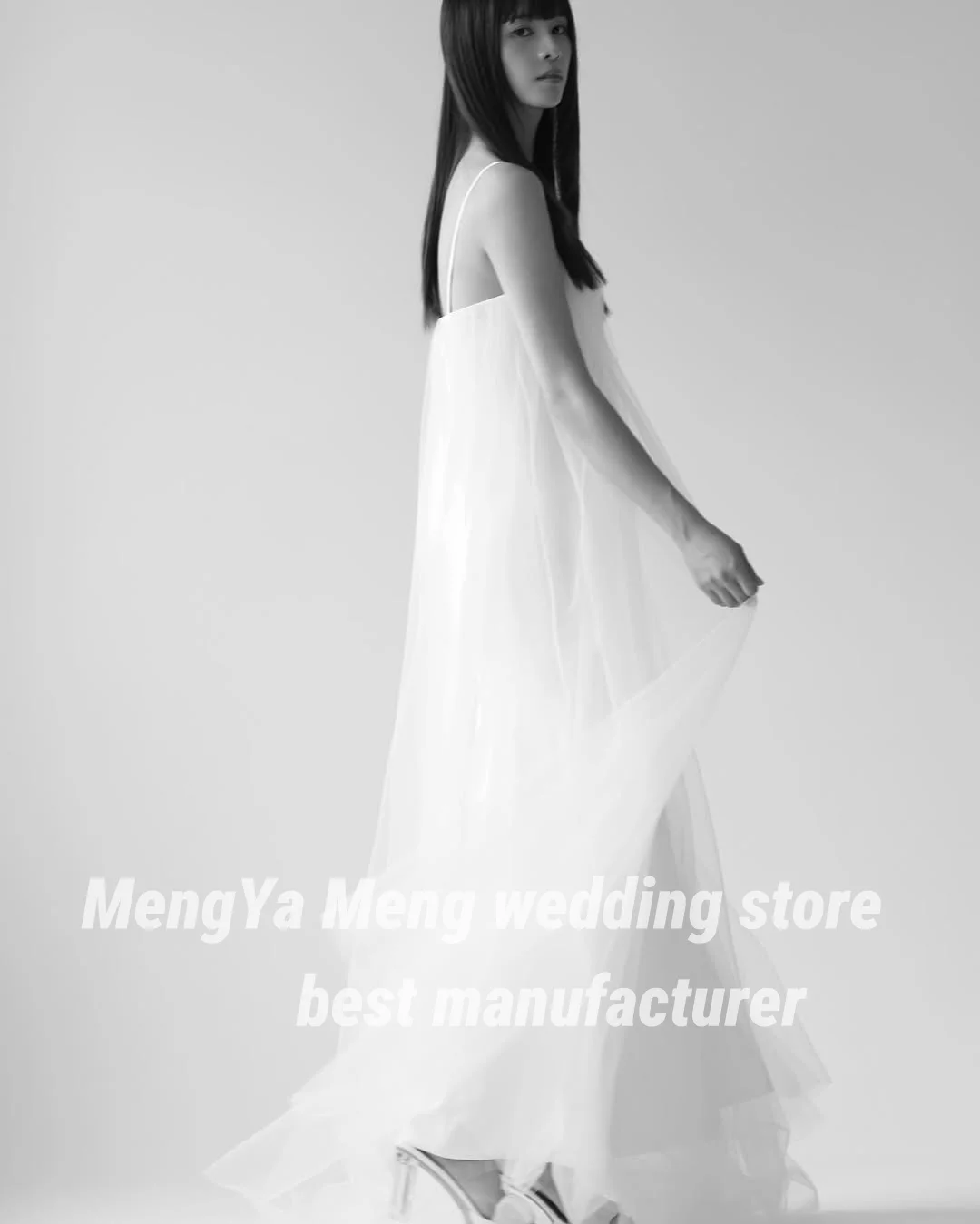 2025 elegante cinta de espaguete tule coreia vestido de casamento fotos sessão vestido espartilho sem costas plissados vestido de festa de noiva personalizado