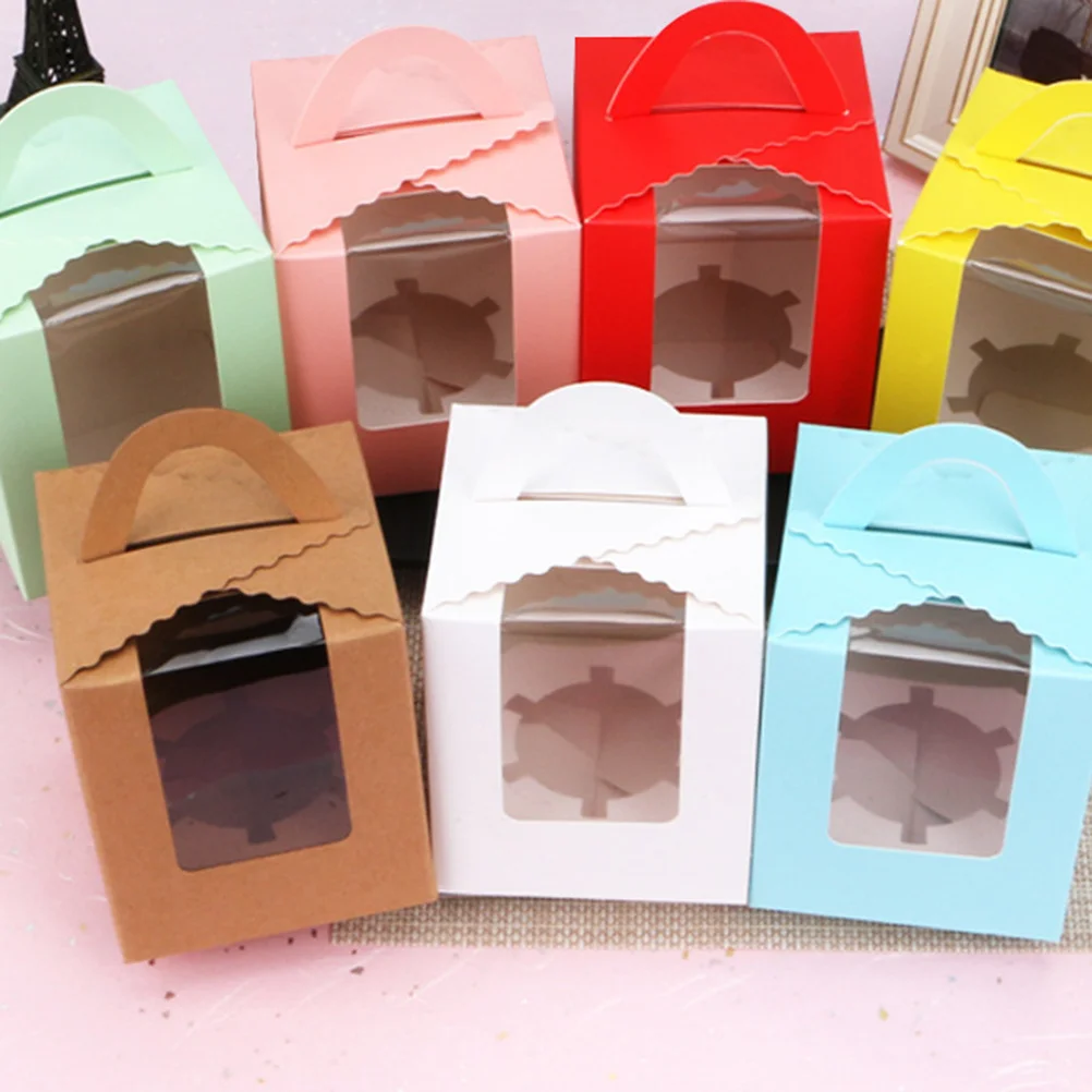 

50Pcs Windowed Kraft Paper Single Cavity Cupcake Boxes with Insert Portable Carry Handle Party Favor Dessert Storage