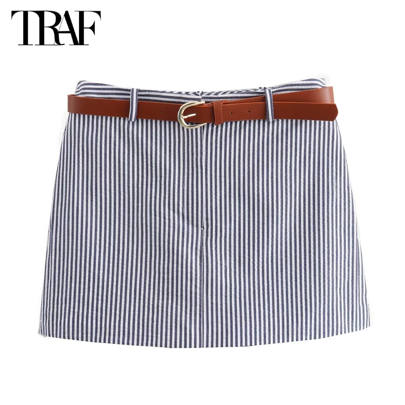 

TRAF 2024 Striped Skirt Shorts Women Belt High Waist Shorts for Women Summer Bermuda Shorts Woman Holiday Beach Women's Shorts