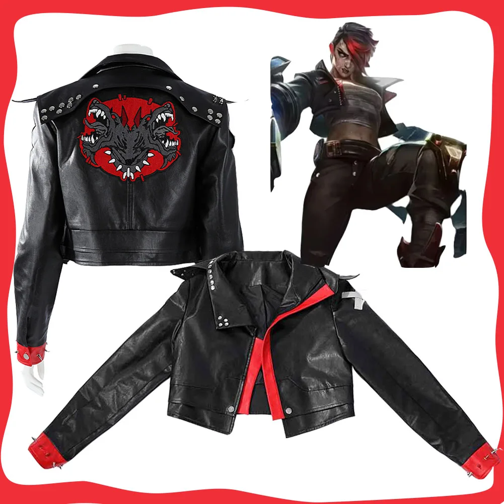 

Vi Arcane 2, женская черная куртка из искусственной кожи для косплея, костюм игры LOL, женское пальто, маскировка, топ, вечерние, Хэллоуин, карнавал, ткань для вечеринки