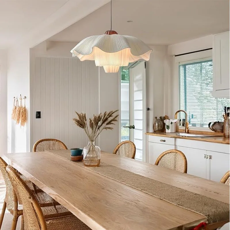 Vintage Cream Pendant Lamp  Fabric Petal Ceiling Hanging Light Fabric Chandelier for Living Room Master Bedroom Decor Lighting