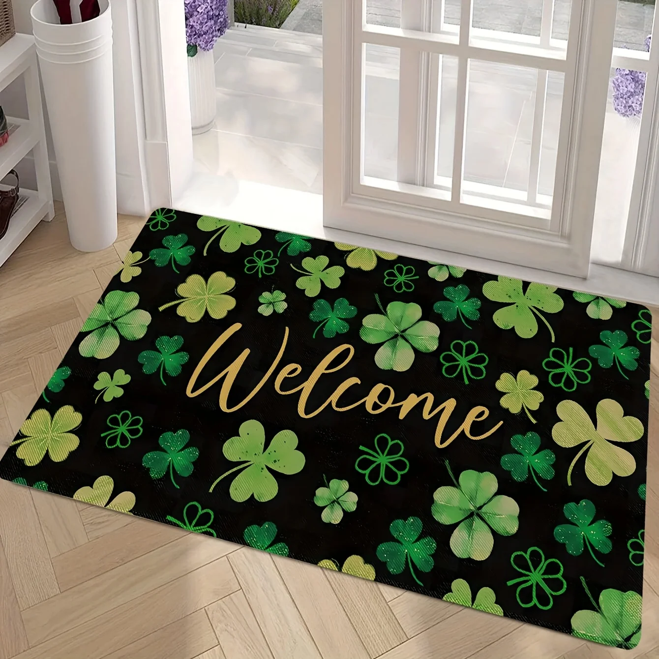 1pc Welcome St. Patrick's Day Doormat Farm Lucky Four-Leaf Clover Doormat Spring Decoration Courtyard Kitchen Indoor and Outdo