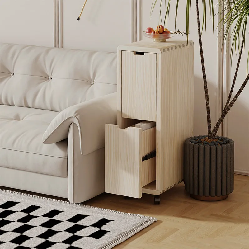 

Rolling Real Wood Slim Floor Cabinet Side Table for Bedroom Wall Rounded Edge Durable Large Volume Tidy Multi Tier Drawer