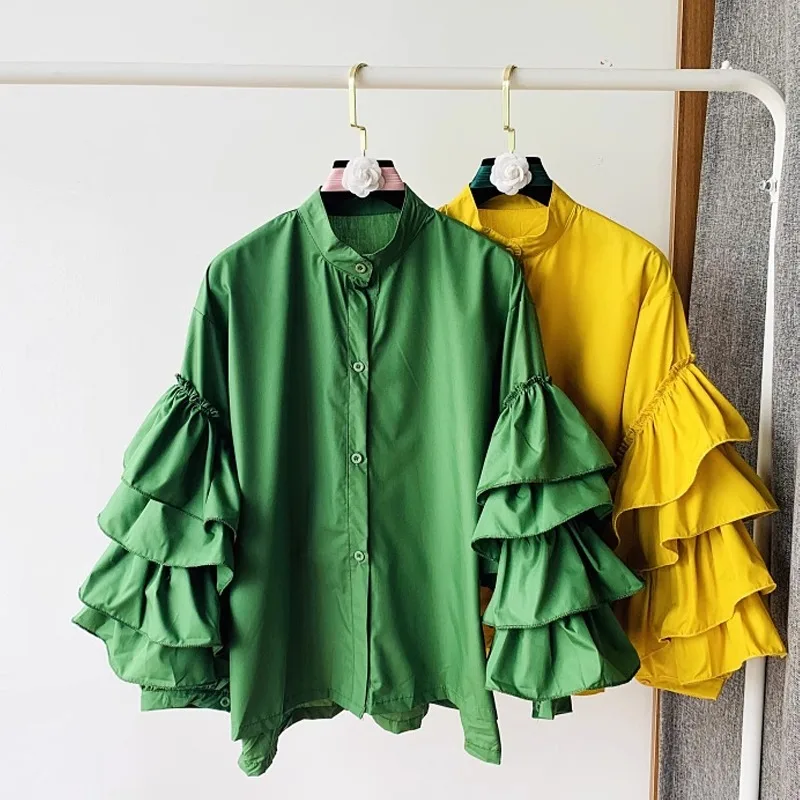 

European and American style ruffle white shirt women's 2023 autumn women's top design sense niche petal sleeve long