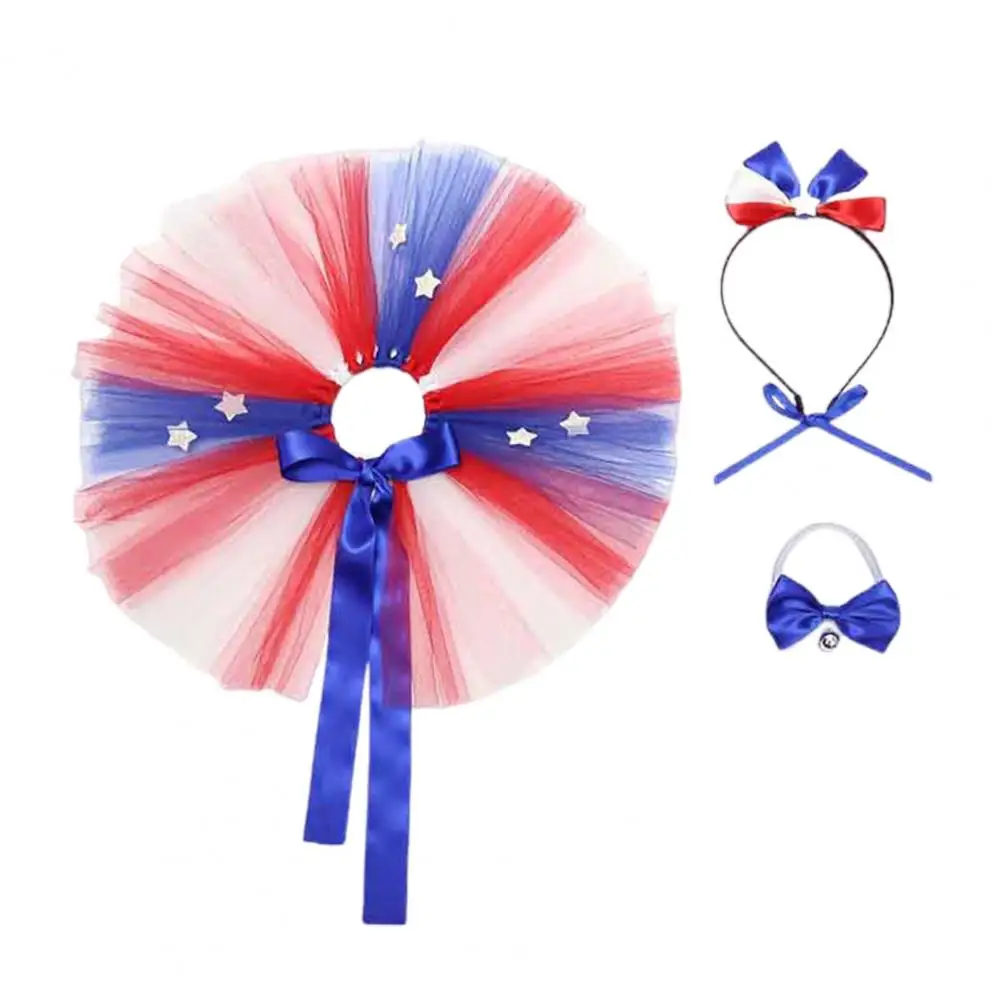 1 Set Pet Patriotic Costume Independence Day Mesh Skirt Hat Collar Set Festival Supply