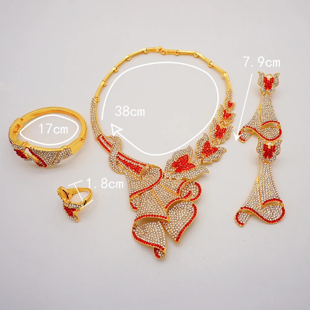 Latest Italian Dubai Gold Color Ladies Full Crystal Necklace Jewelry Set Simple Ring Bracelet Earrings African Jewelry Wedding