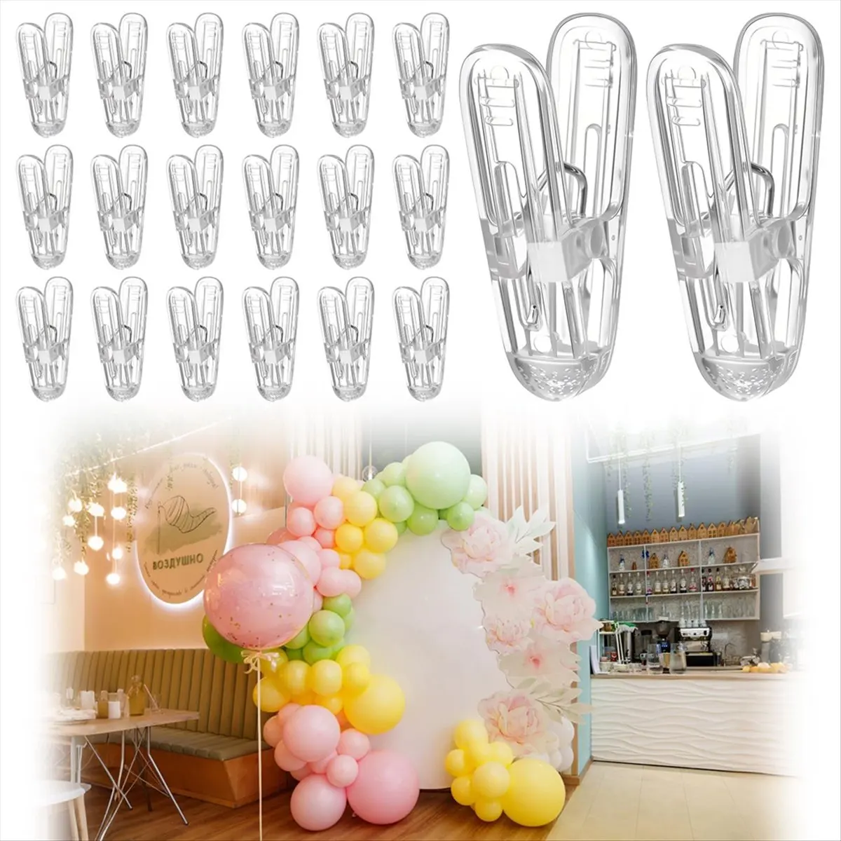AB52 20pcs Balloon Arch Clips Plastic Transparent Spring Clamps 2.4 Inch Clip for Balloon Arch Kit Birthday Decoration Crafts