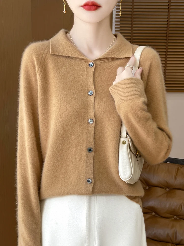 2024 Autumn Winter Women Long Sleeve Cardigan Turn Down Collar Cashmere Sweater Basic Grace Clothing 100% Merino Wool Knitwear