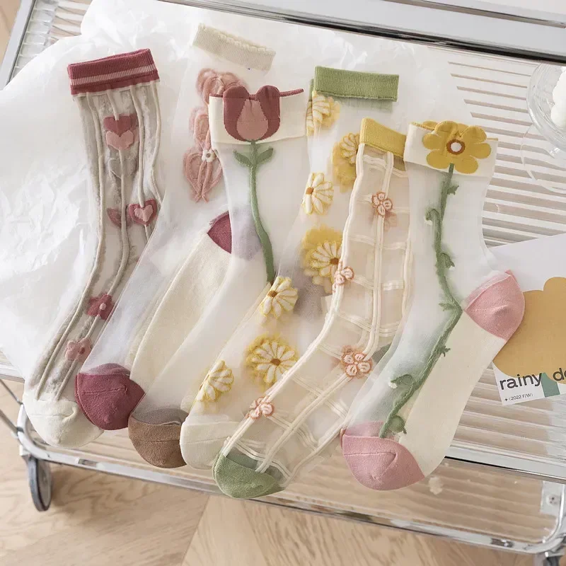 Transparent Elastic Tube Tulip Embroidery Retro Ultra-thin Flower Summer Mid Socks Fashion Silk Crystal Women