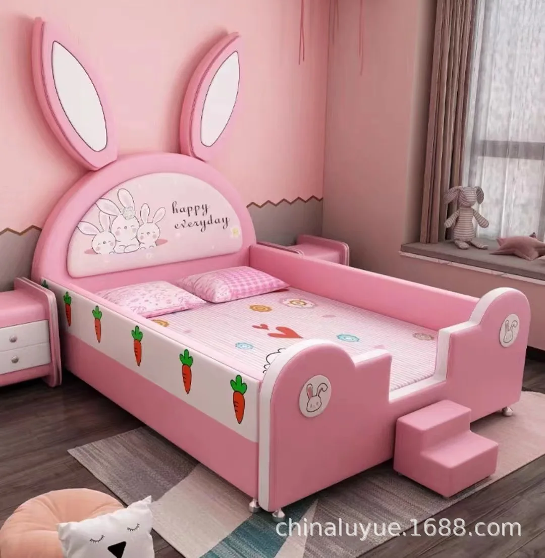 

Light Luxury New Rabbit Children's Girl Princess with Guardrail Pink Leather Light Luxury Little Cute Leather Bed