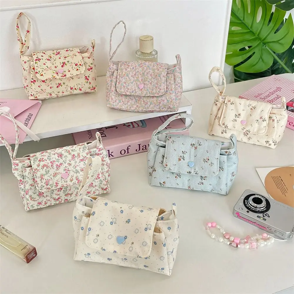 Print Floral Makeup Bag Snap Button Soft Cotton Cosmetic Pouch Double Pockets Korean Style Layered Storage Bag