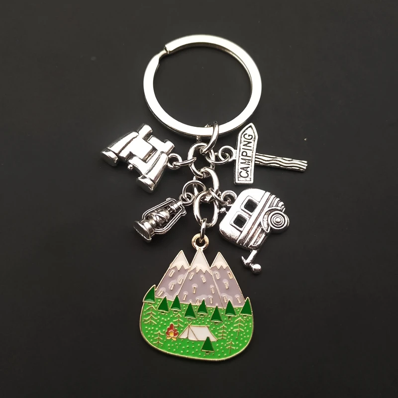 Happy Camping Cute Caravan Camping Keychain Mountain Pine Keychain Traveler Keychain Gift Jewelry Gifts for Nature Lovers