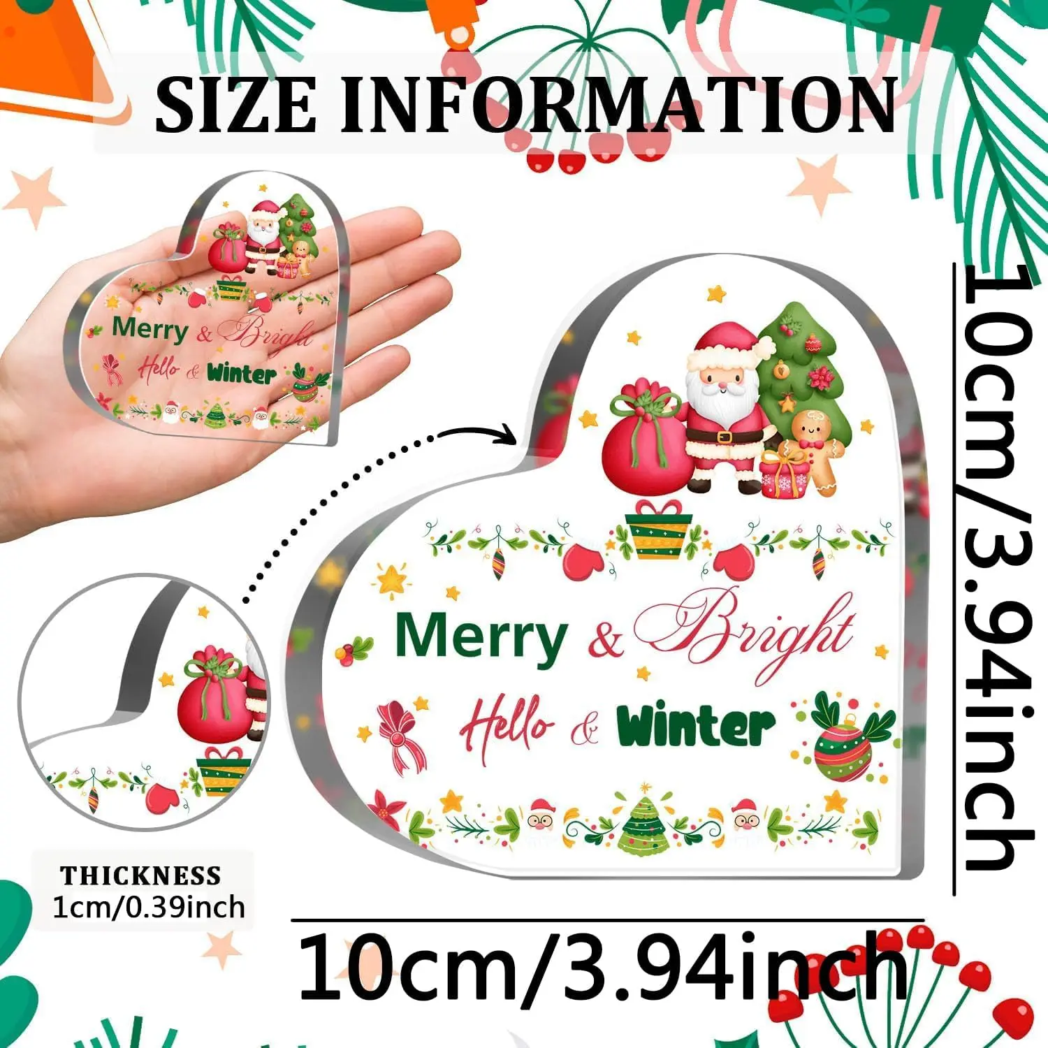 Heart‑Shaped Acrylic Plaque Cute Santa Gift Sack Gingerbread Man Desktop Ornament Merry Bright Winter Xmas Home Decor Gift