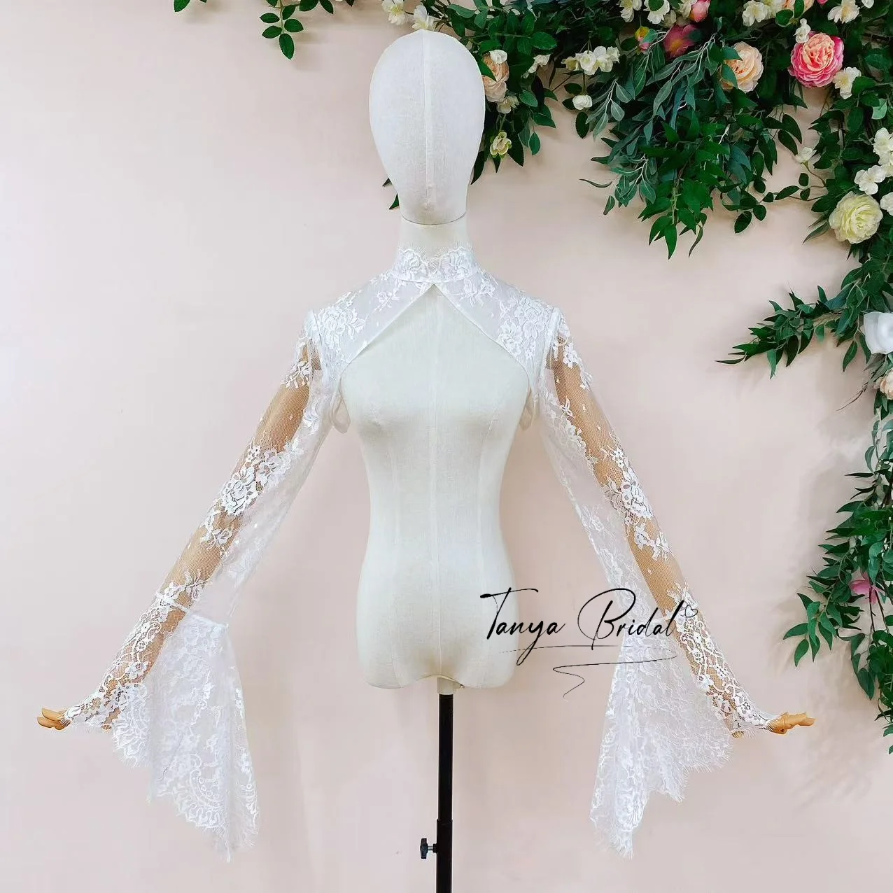 Lace Bridal Bolero Jacket High Neck Buttons Long Flare Bell Sleeve Wedding Shrug for Bride