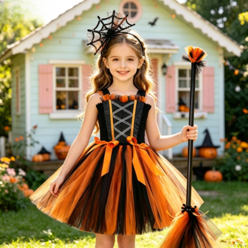 Black Tulle Tutu Dress for Kids,Witch-style Sequin Glitter Dress Set,Girls' Outfit for Halloween, Festive Parties and Stage