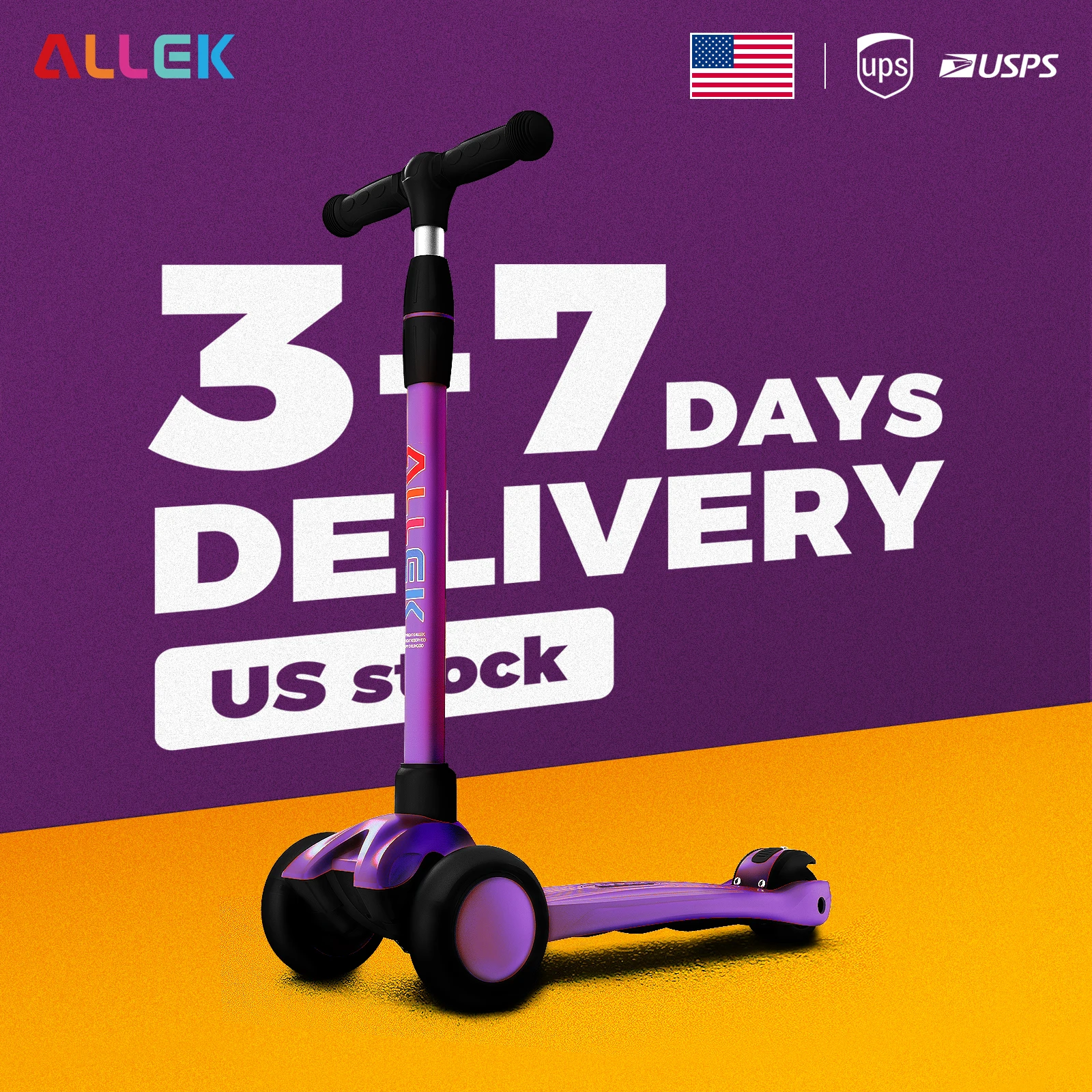 

Allek Kick Scooter 3-Wheeled Push Scooter with Flash Wheels for Children 3-12yrs Purple Adjustable self-balancing kids scooter