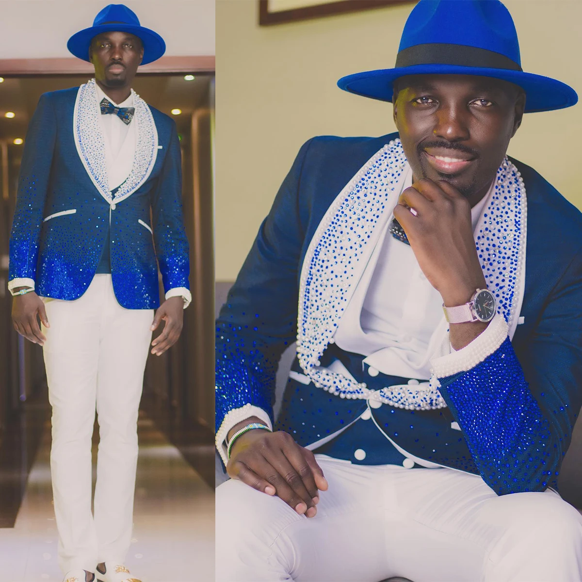 Traje de esmoquin con cuentas de colores para hombre, Blazer personalizado de 2 piezas, pantalones blancos a medida, solapa de Chal, un botón, sexy, fiesta de moda