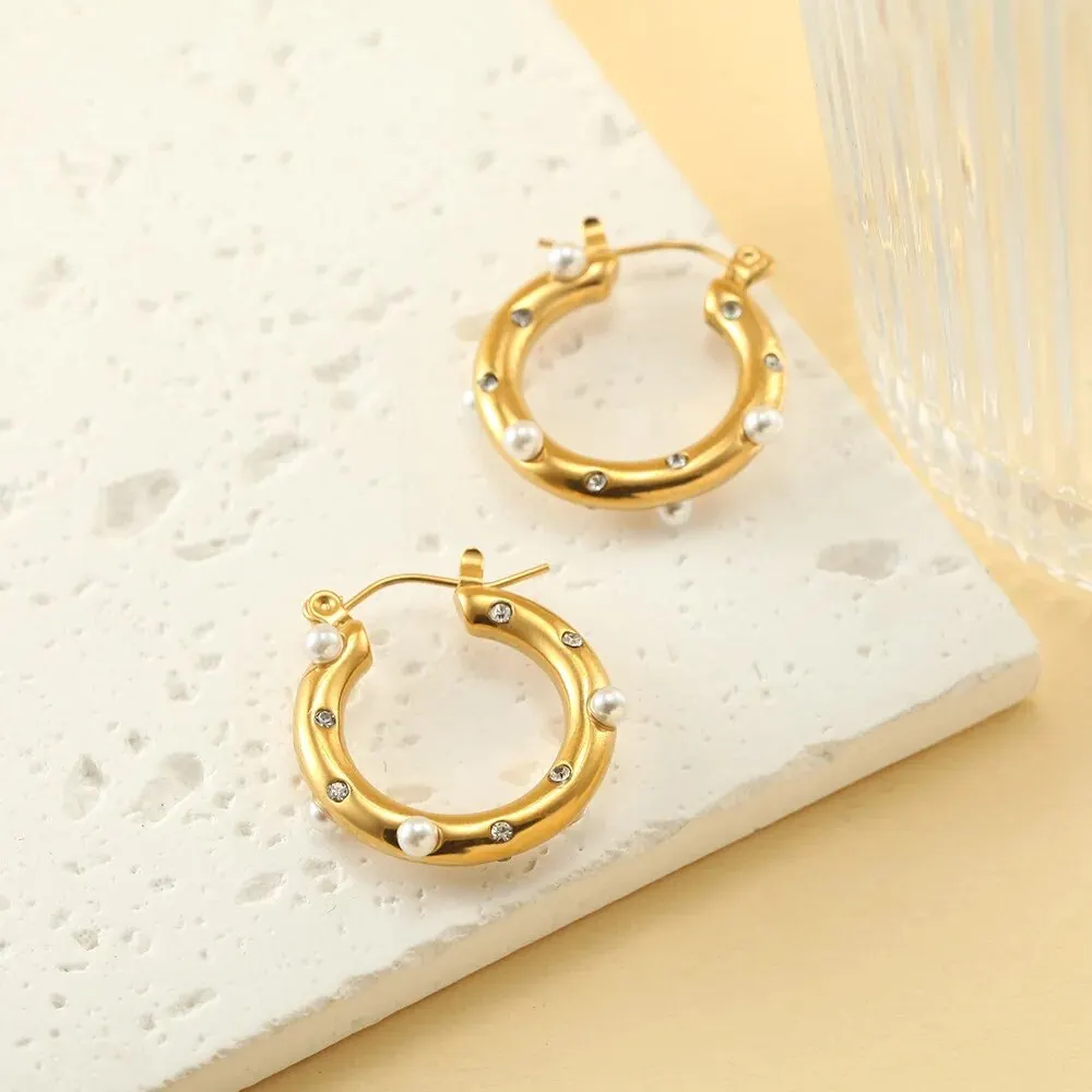 Trendy Gold Color Crystal Stainless Steel Round Earrings For Women Imitation Pearl Metal Earring Party Everyday Jewelry